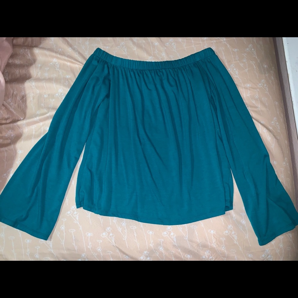 Off the shoulder flowy blue shirt